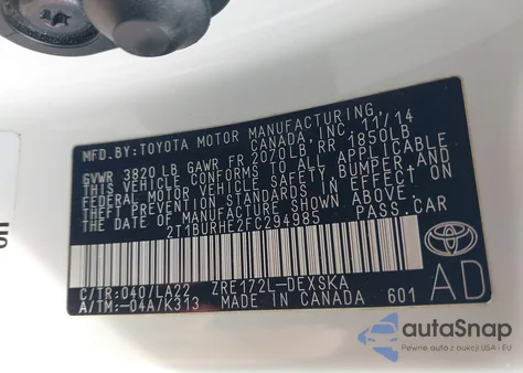 2015 Toyota Corolla S Premium z USA, uszkodzony, nr VIN 2T1BURHE2FC294985